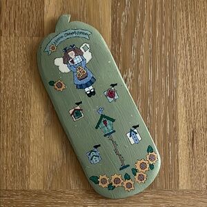 Green Wooden Decorative Plaque with Angel and Birdhouses Country Cottage Core